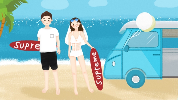原创夏日个性海边婚礼插画