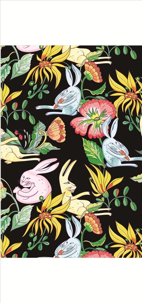 手绘兔子花朵花卉四方连续底纹