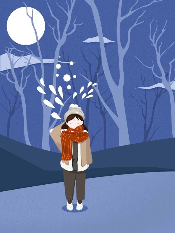 手绘冬日树林夜景背景素材