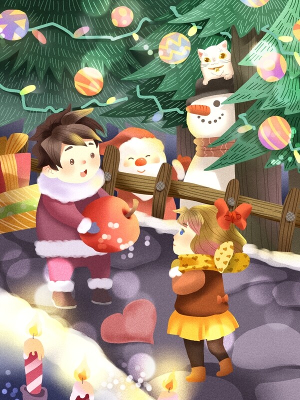 圣诞节之男孩苹果告白女孩爱意雪人
