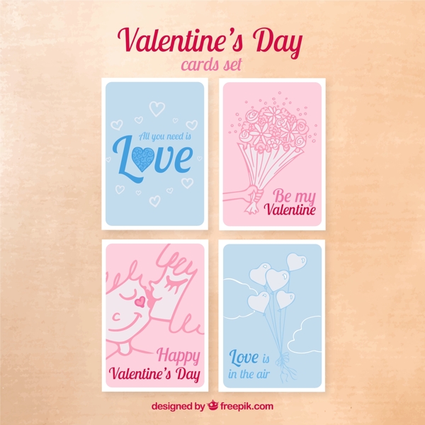 4款彩绘情人节卡片矢量素材