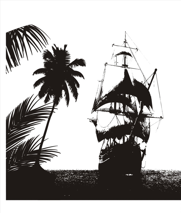 海盗船矢量图下载椰子树剪影