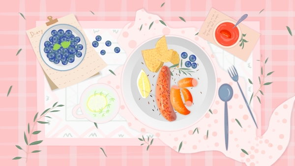 细腻写实美食火腿肠蓝莓早餐插画