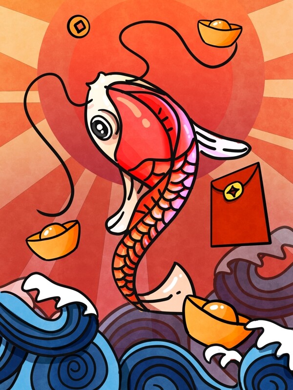 中国风祥瑞锦鲤幸海浪荷叶太阳手机插画插图
