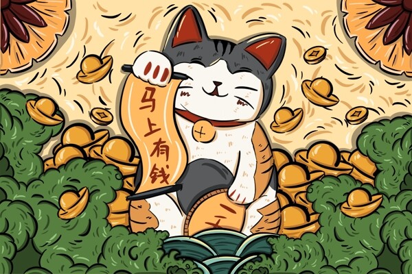 招财猫暴富插画卡通背景素材