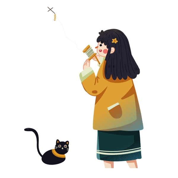 手绘放风筝的少女和猫免抠元素