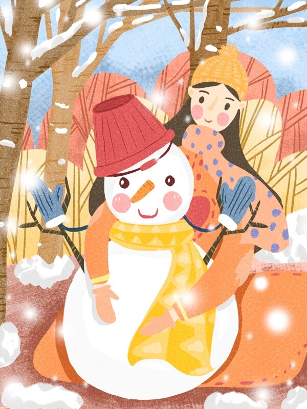 12月你好下雪天女孩堆雪人寒冷的季节