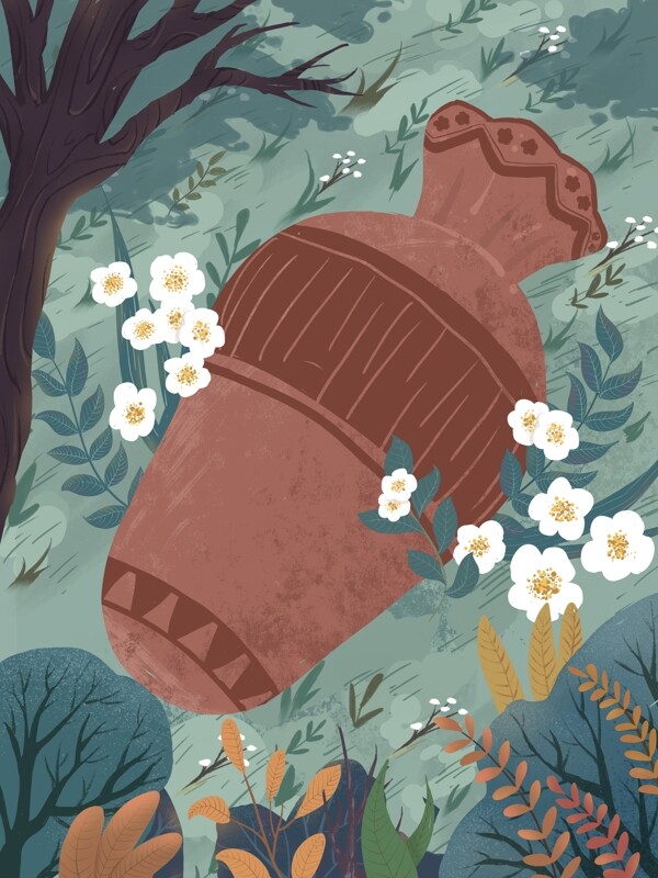 绿色草丛中的花瓶插画背景