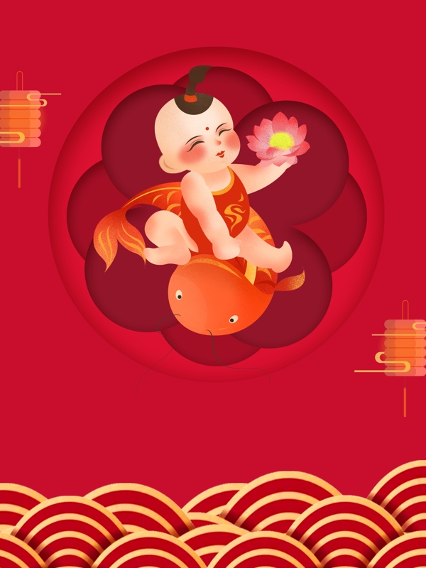 娃娃锦鲤年年有余喜庆红色春节背景