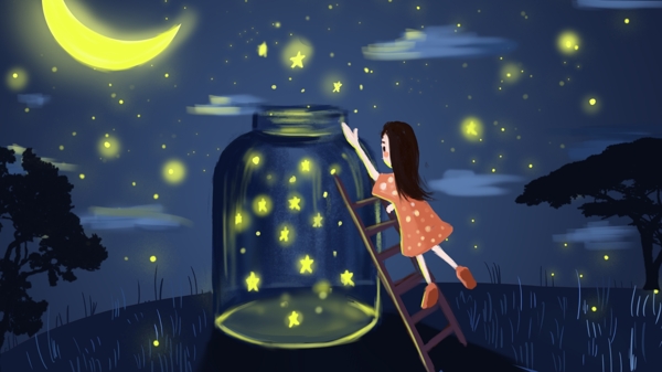 女孩与漂流瓶在夜景里收集星星的女孩海报