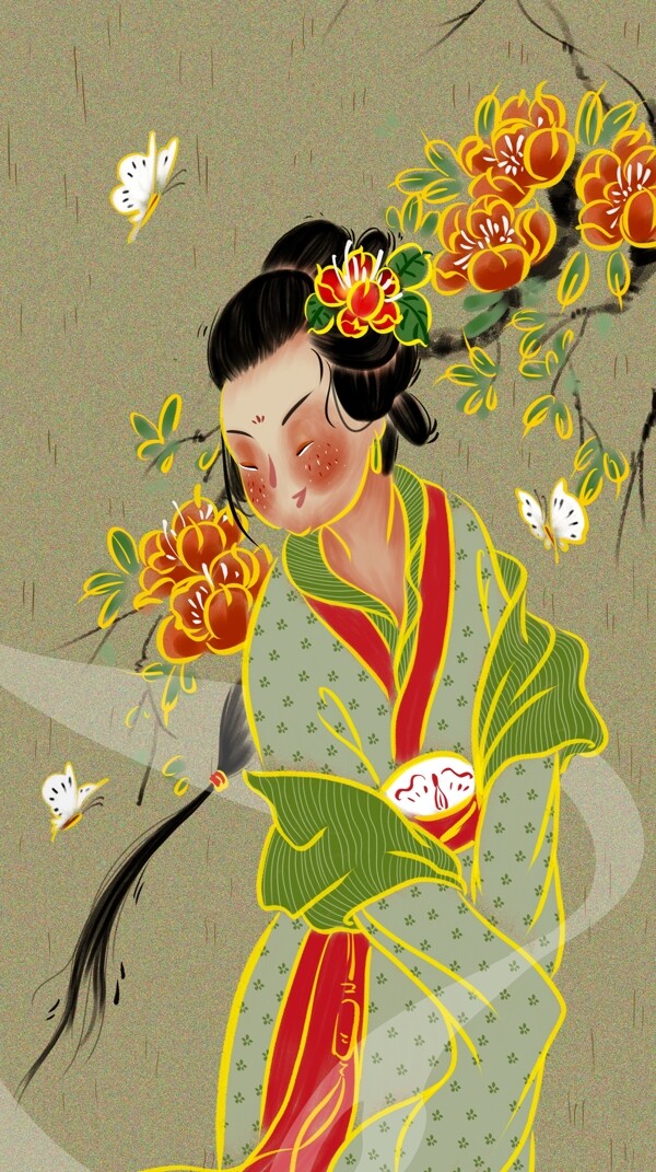 国潮中国古代古代女子戏蝴蝶中国风插画