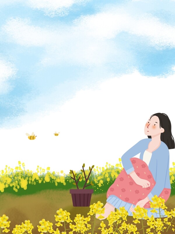 春季少女卡通手绘油菜花背景