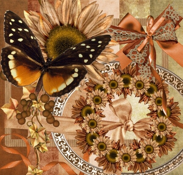 花朵缎带蝴蝶结金褐图片