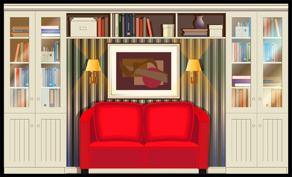 红色沙发书柜效果图图片