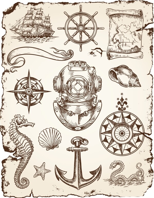怀旧手绘航海图标