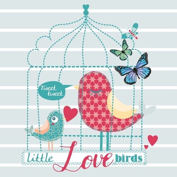 女童服装绣印花图案鸟笼和小鸟AI矢量图
