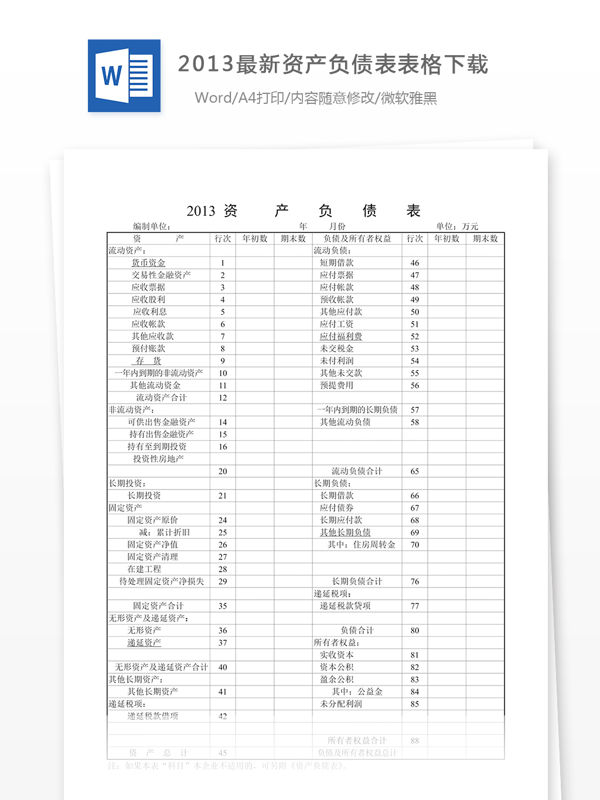 2013最新资产负债表表格下载