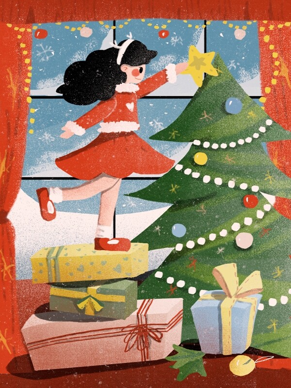 圣诞节圣诞树少女插画