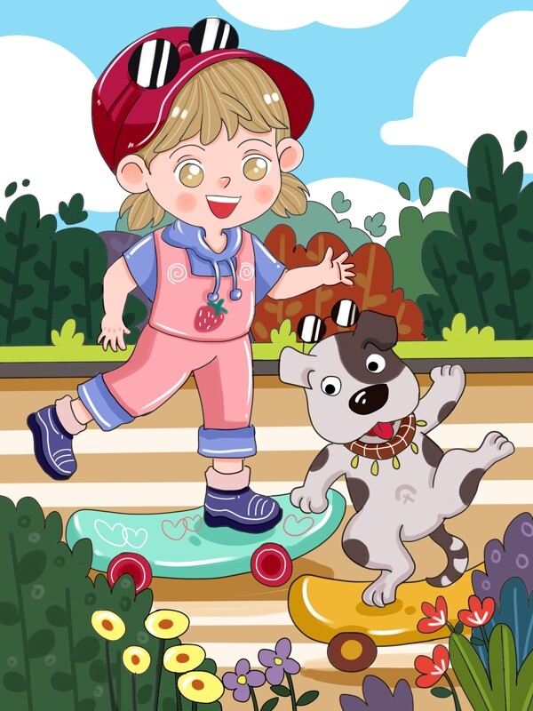 原创卡通世界滑板日玩滑板的小女孩儿童插画