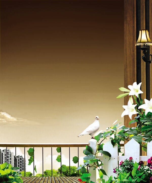 龙腾广告平面广告PSD分层素材源文件房地产百合花和平鸽子台灯栅栏