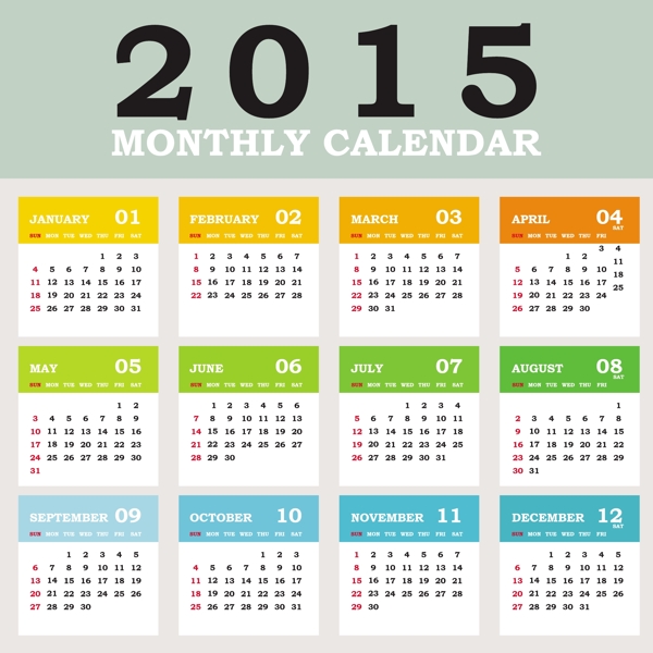 2015年全年月历矢量