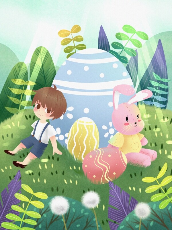 复活节彩蛋兔子与小男孩小清新插画
