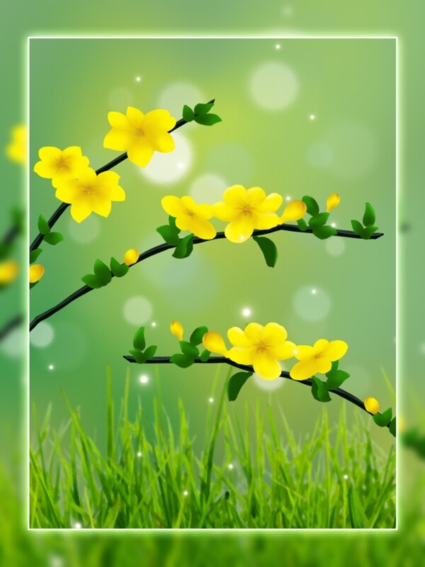 春天立春迎春花草地唯美绿色小清新背景素材