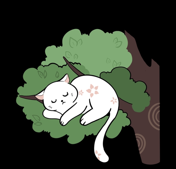 夜晚趴在树上睡觉的白猫图片
