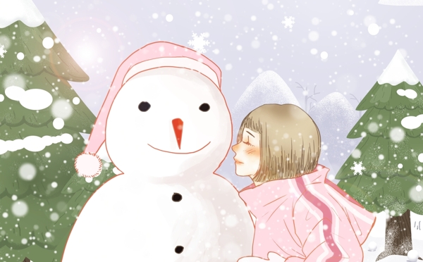 雪天女孩与雪人插画