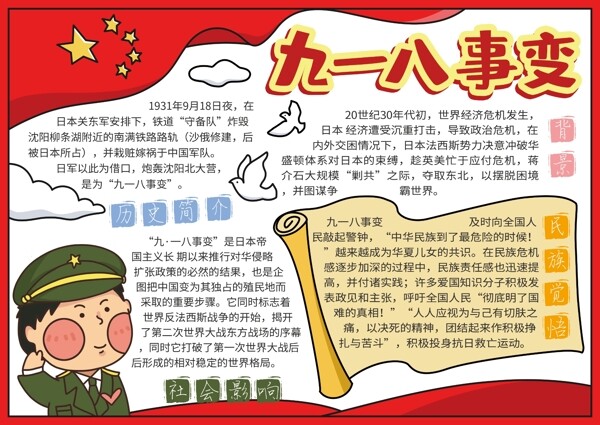 红色中国风九一八事变纪念日学生小报手抄报