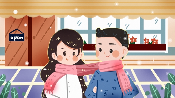 情侣恋爱下小雪咖啡厅围巾冬天约会浪漫情人