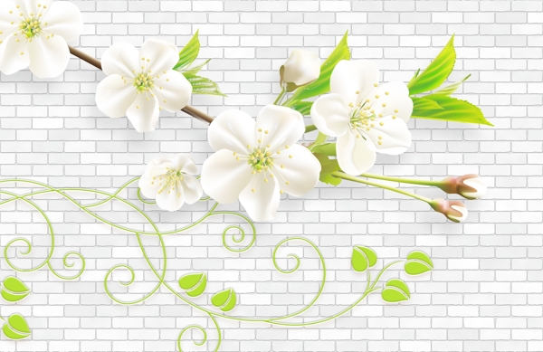 桃花白色花朵砖墙电视背景壁纸