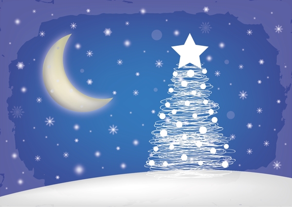 雪夜圣诞树插画矢量素材