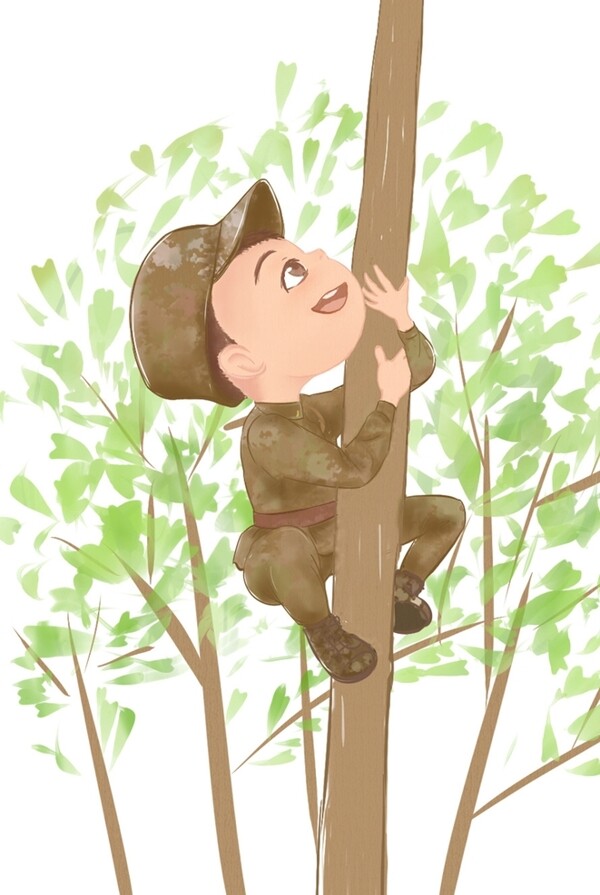 爬树的顽皮学生插画图片