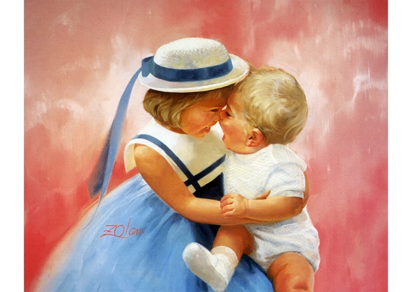 温馨可爱小女孩抱宝宝油画装饰画