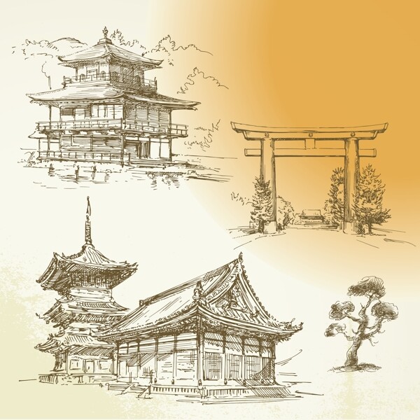 日式建筑素描图片