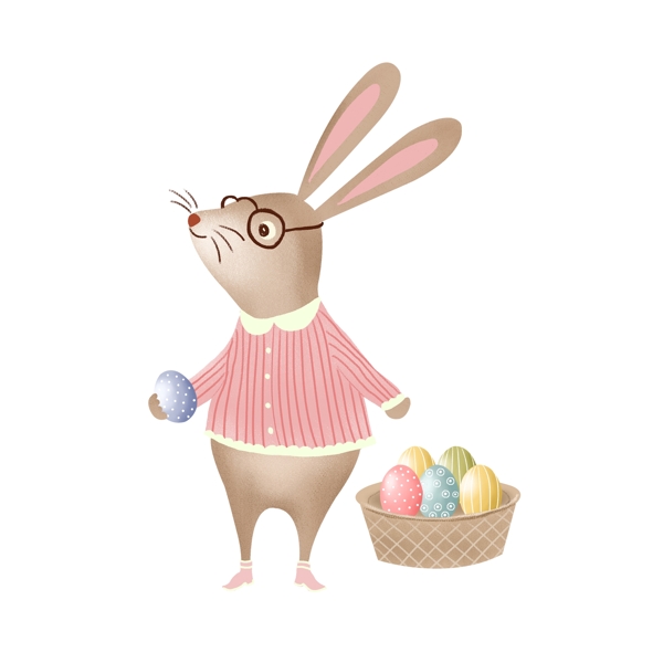 手绘提着一篮子彩蛋的兔子插画设计