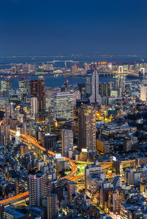 夜晚的海边城市和公路图片