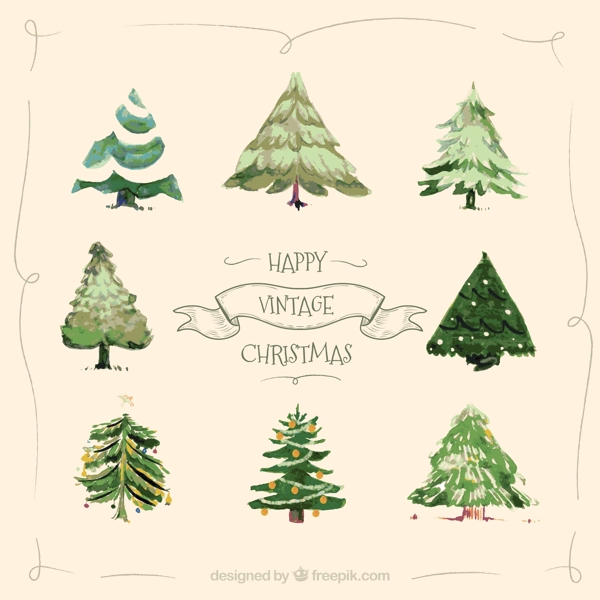 8款手绘复古圣诞树矢量素材