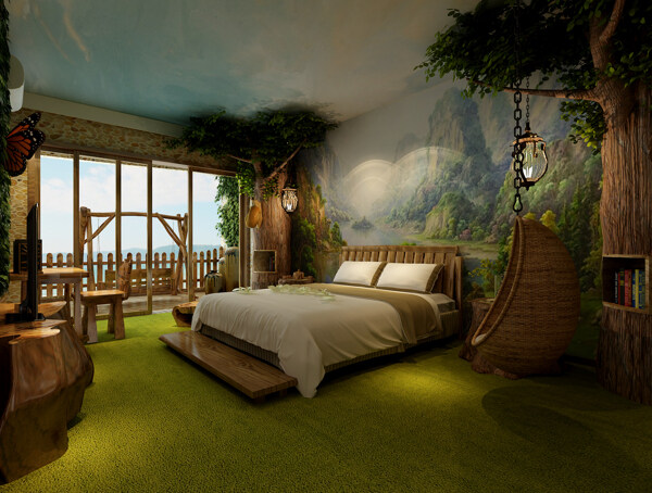 现代森系卧室绿色地毯室内装修效果图