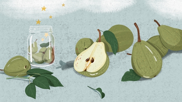 青脆梨子玻璃瓶绿叶卡通背景