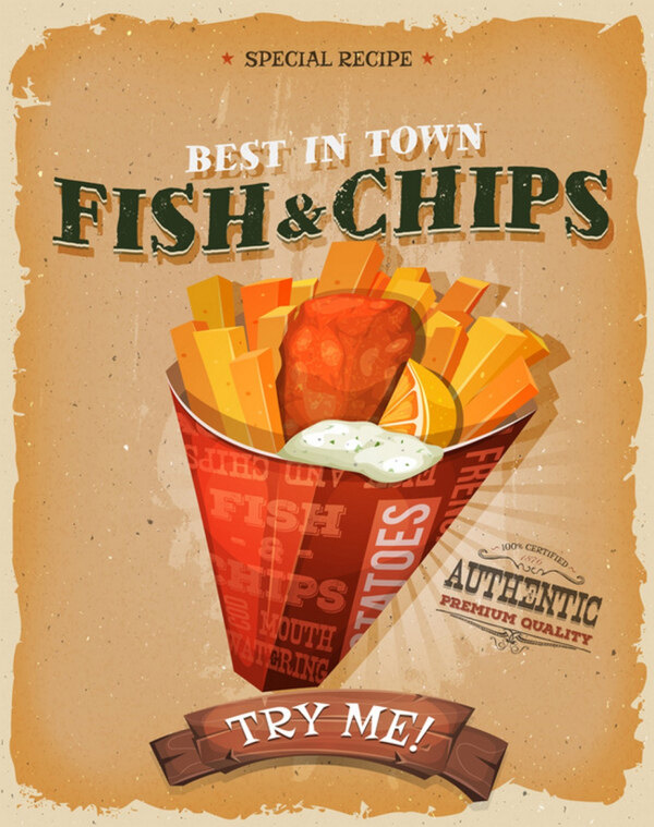 鱼和薯条海报和传单复古矢量