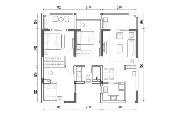 CAD三室两厅高层户型方案