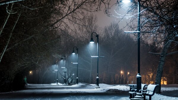 夜晚路灯下雪景图片