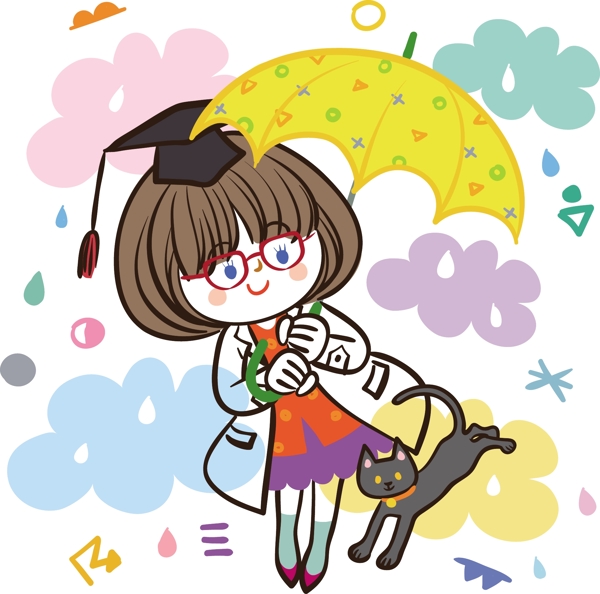 打伞的女学生和小猫卡通图案