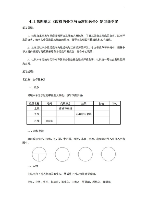 七年级上册历史七上第四单元政权的分立与民族的融合复习课学案