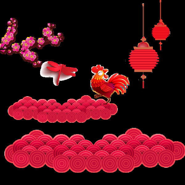 鸡年春节喜庆装饰布景png透明素材