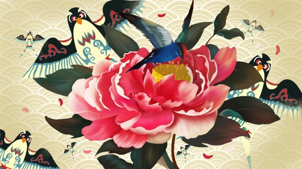牡丹花植物鸟写实插画