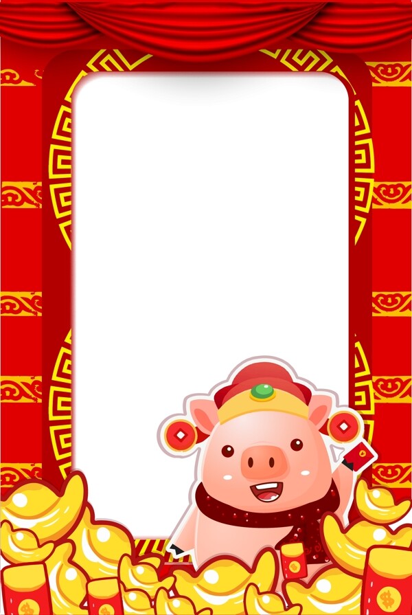 2019年春节卡通财神小猪手绘海报边框