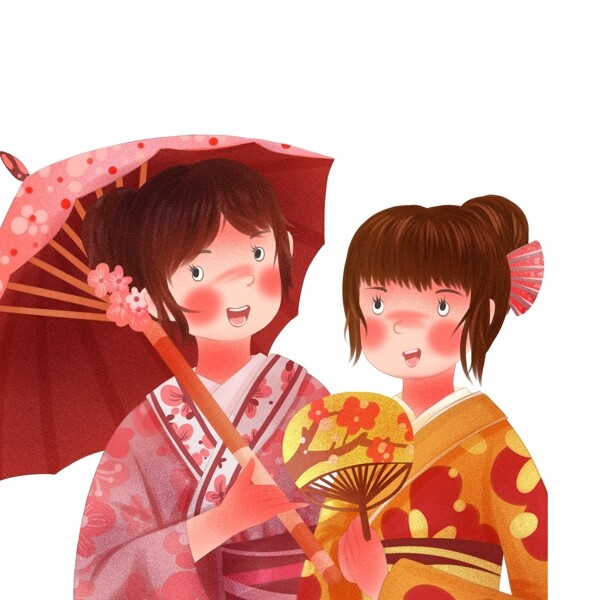 彩绘两个穿着和服的日本女子